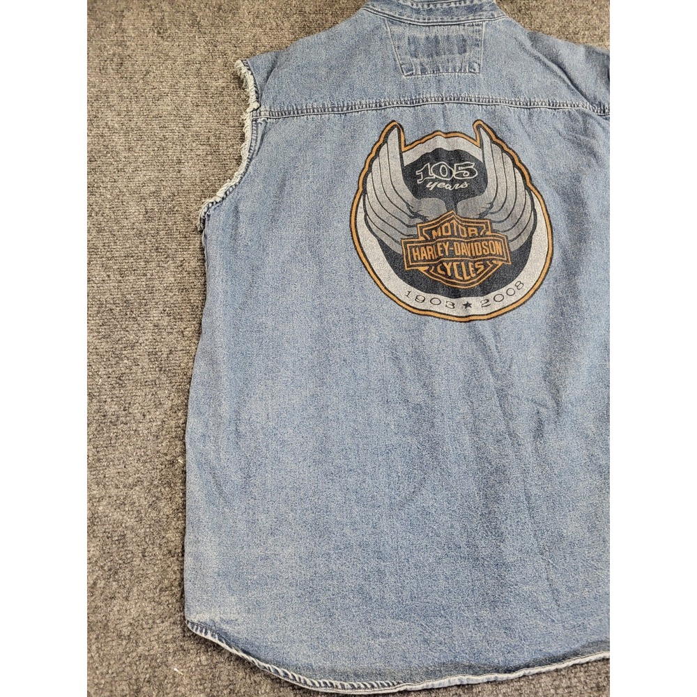 105th Anniversary Harley Davidson Denim Button Front Top Vest Mens XL 2008 Biker - Picture 12 of 16
